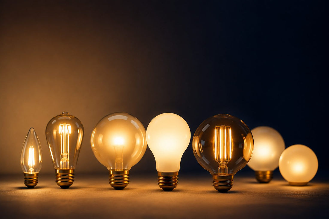 Lumens vs watts — a row of LED light bulbs glowing at different warmths