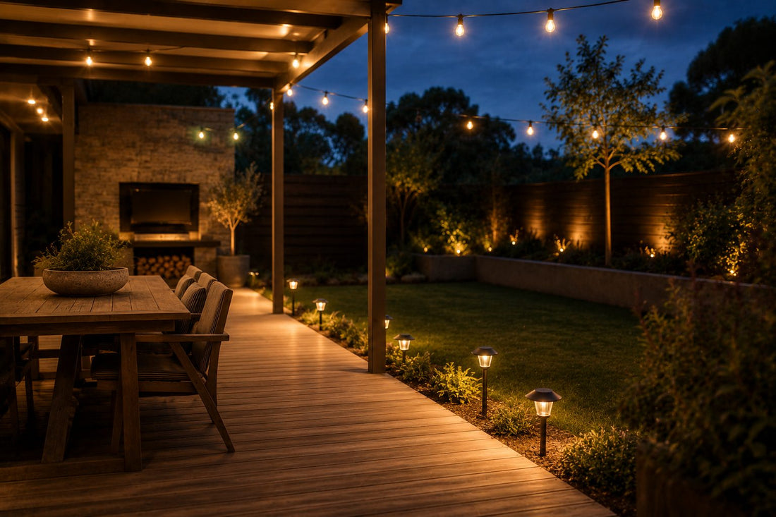 Outdoor and solar lighting — Australian backyard at dusk with festoon and solar path lights