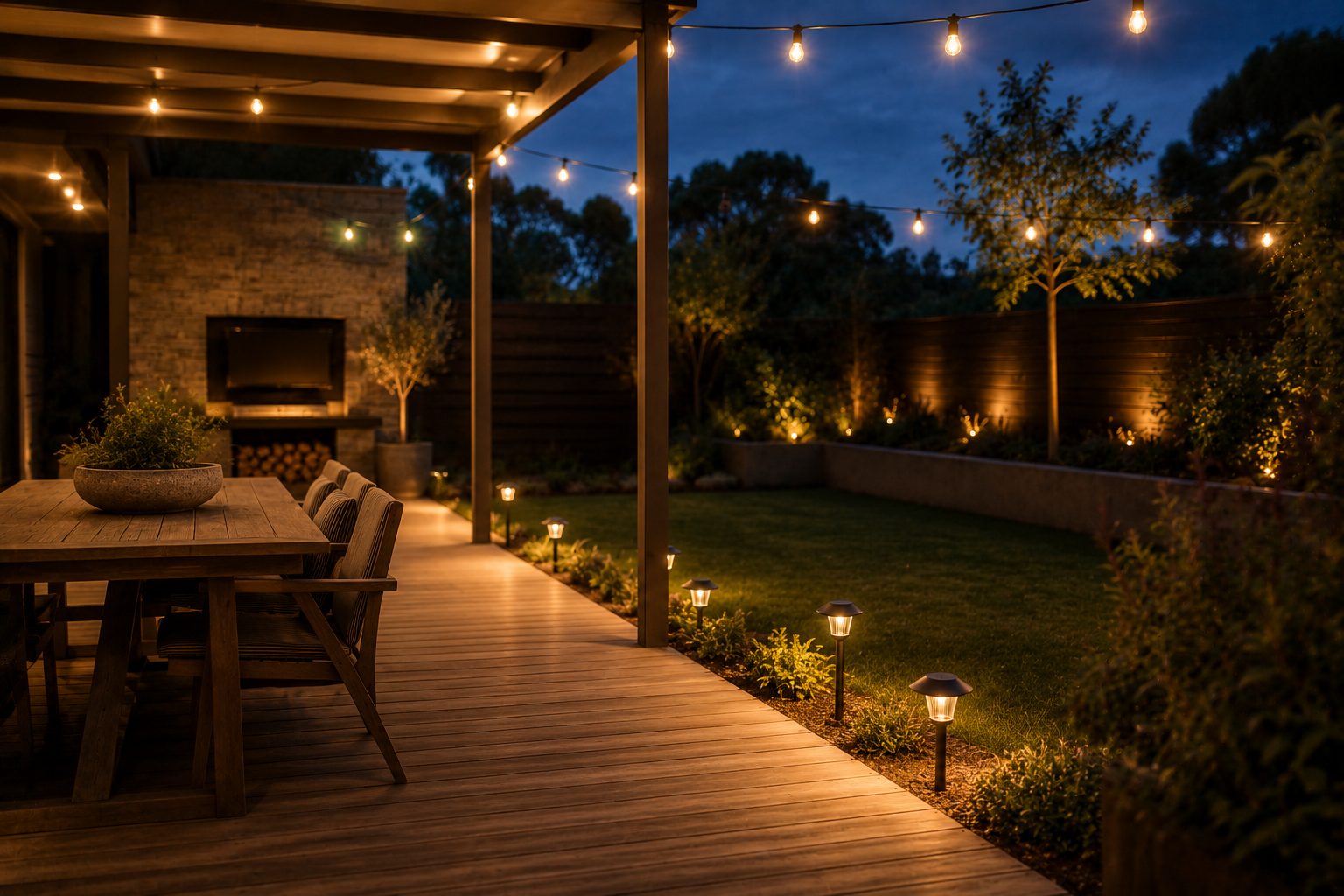 Outdoor and solar lighting — Australian backyard at dusk with festoon and solar path lights