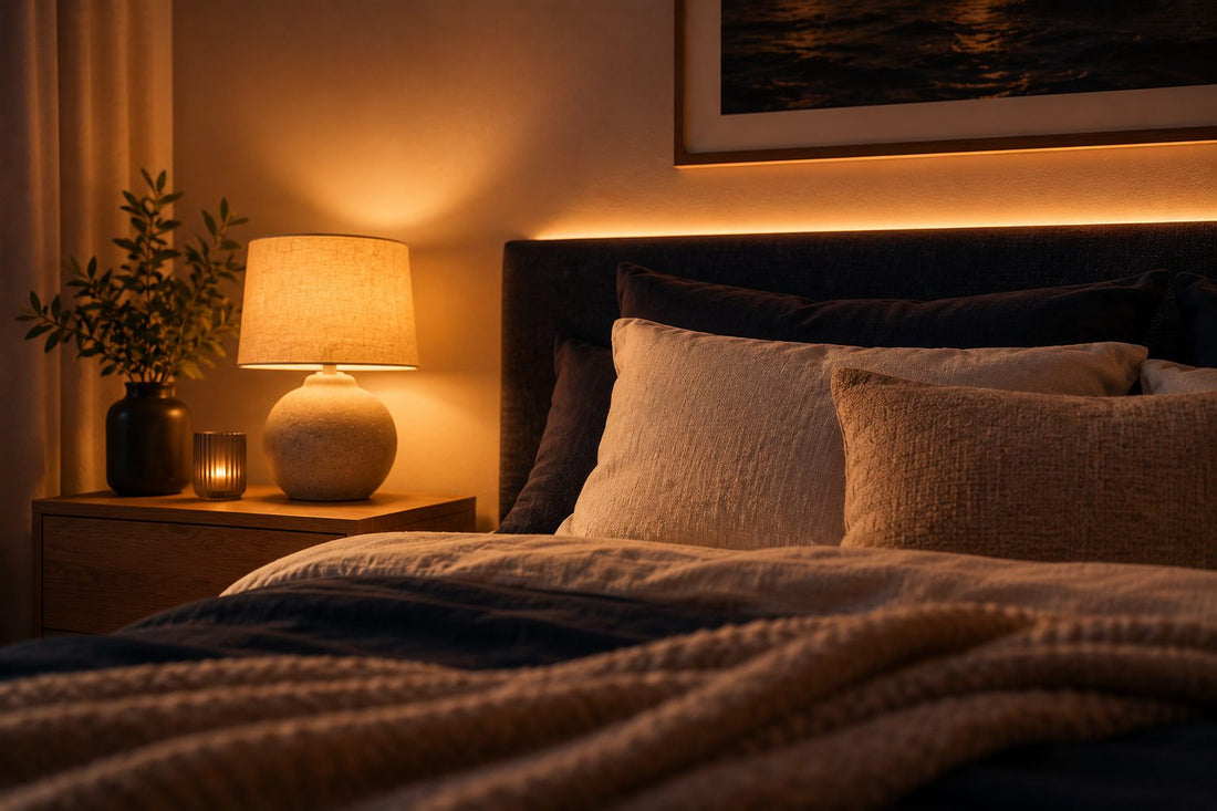 Best lighting for a small bedroom — cosy bedroom with a warm bedside lamp and bedhead strip light
