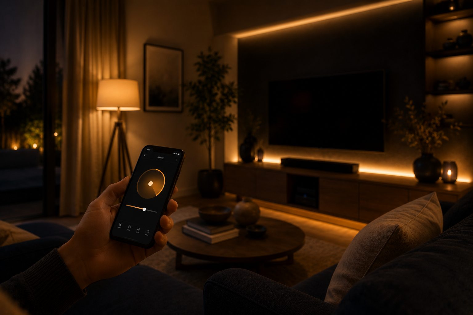 Smart lighting for beginners — cosy living room with coordinated warm smart lighting