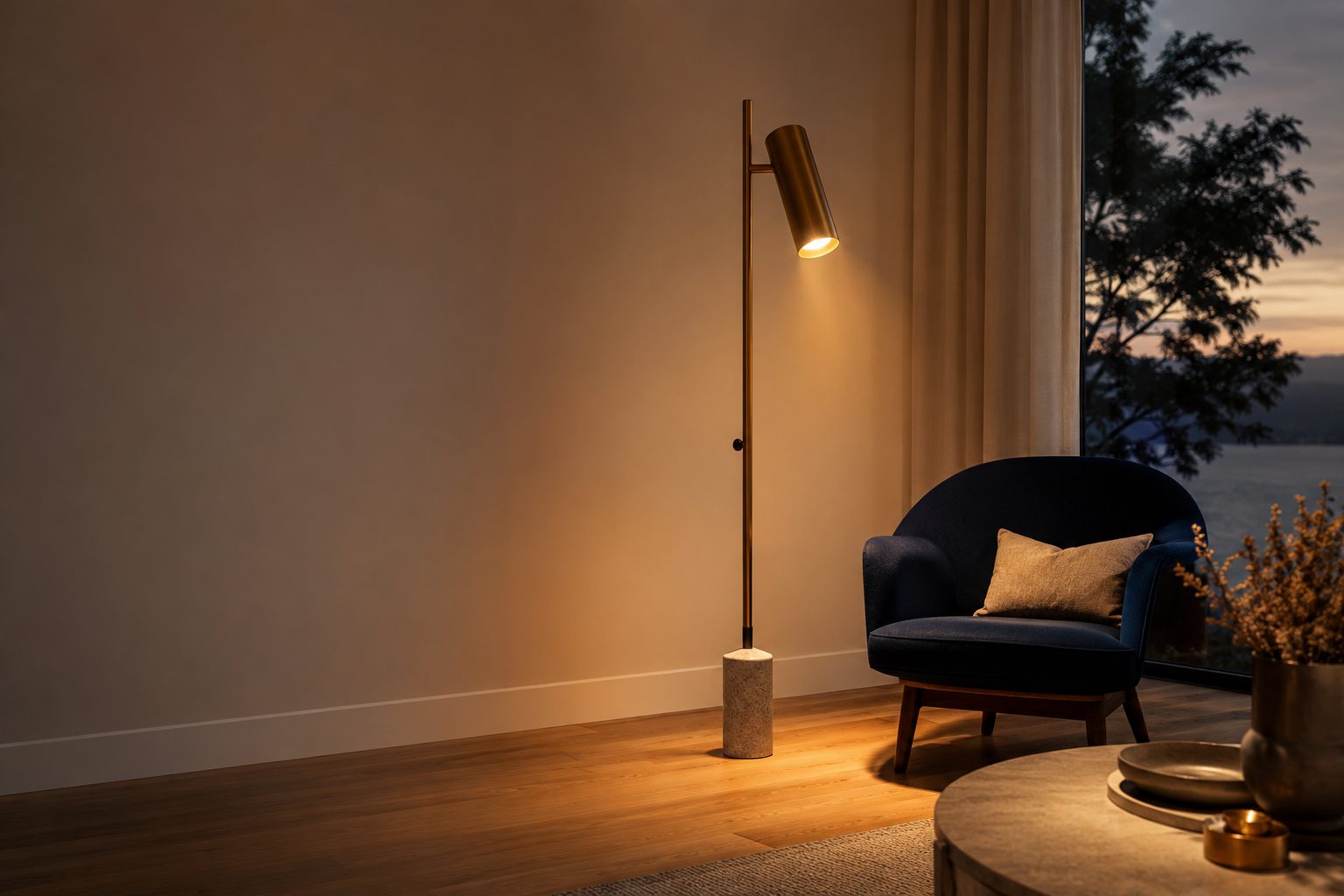 Floor Lamps - warm modern living room with a glowing sculptural floor lamp at dusk