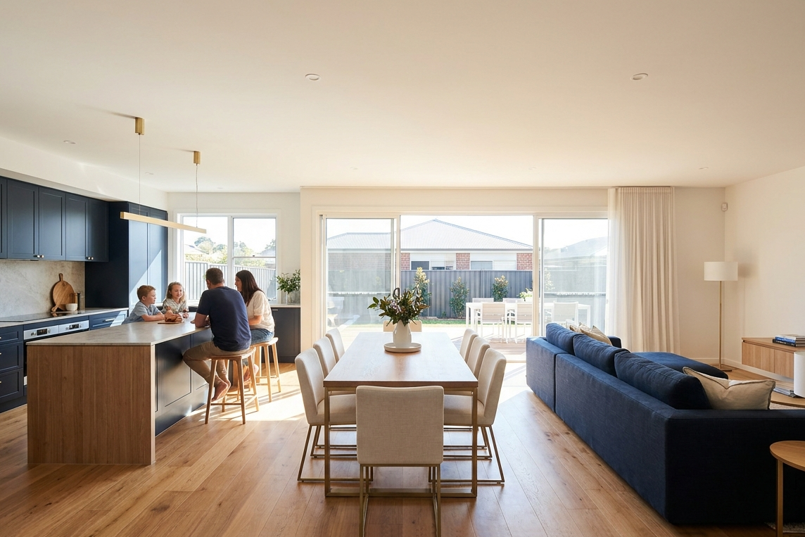 Open-plan home in bright natural daylight