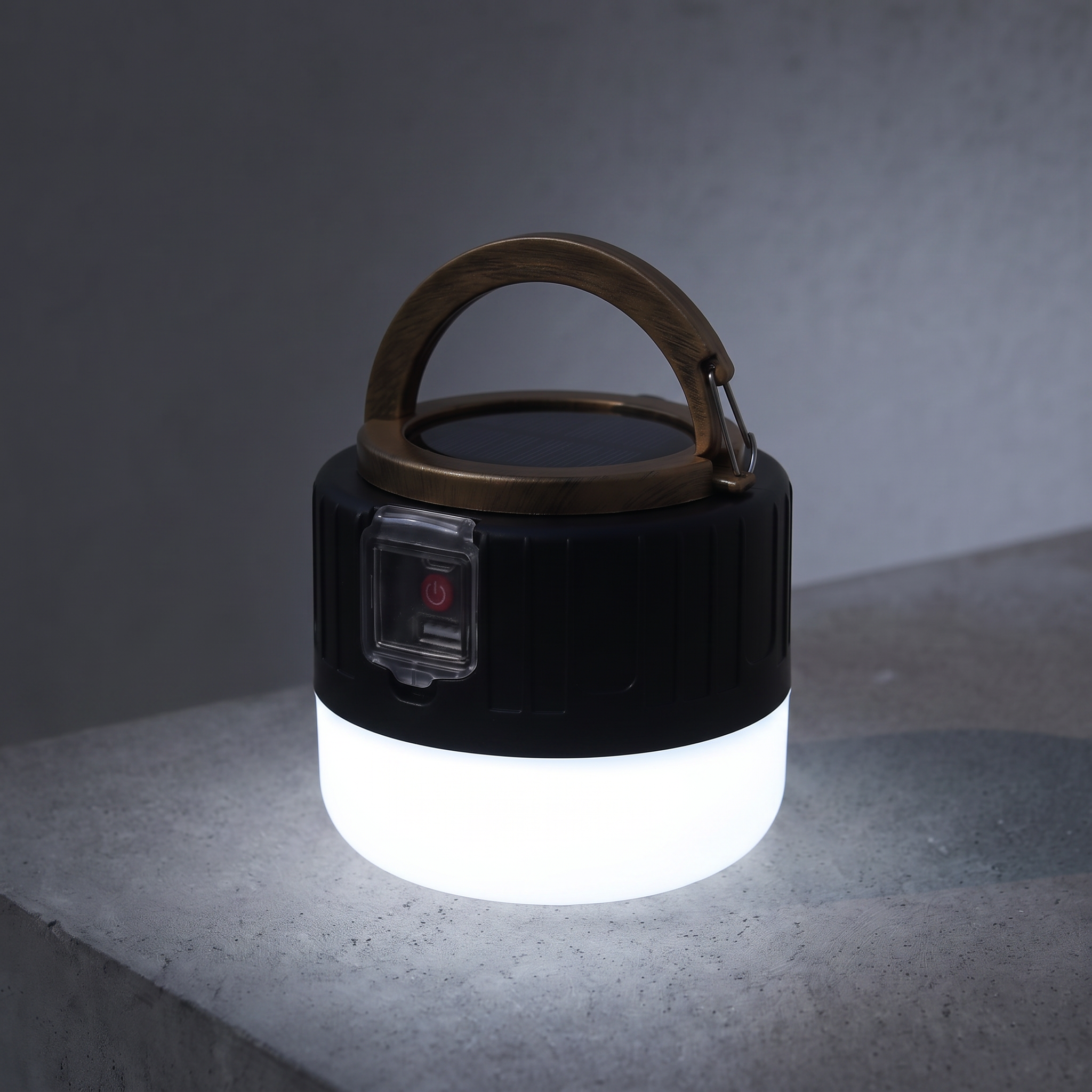 Nomad | Solar Rechargeable Camping Lantern — Black — light on