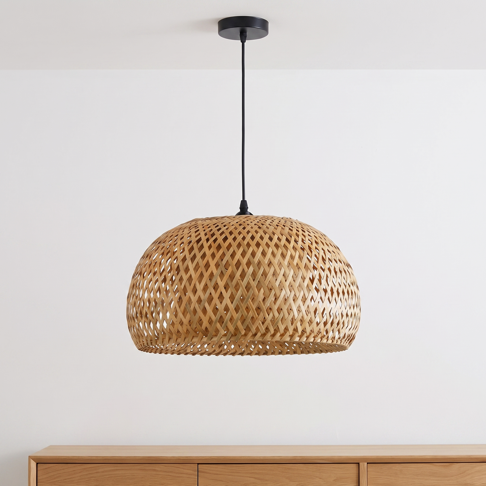 Nara | Woven Bamboo Pendant Light — Dome · 30 × 18 cm — light off