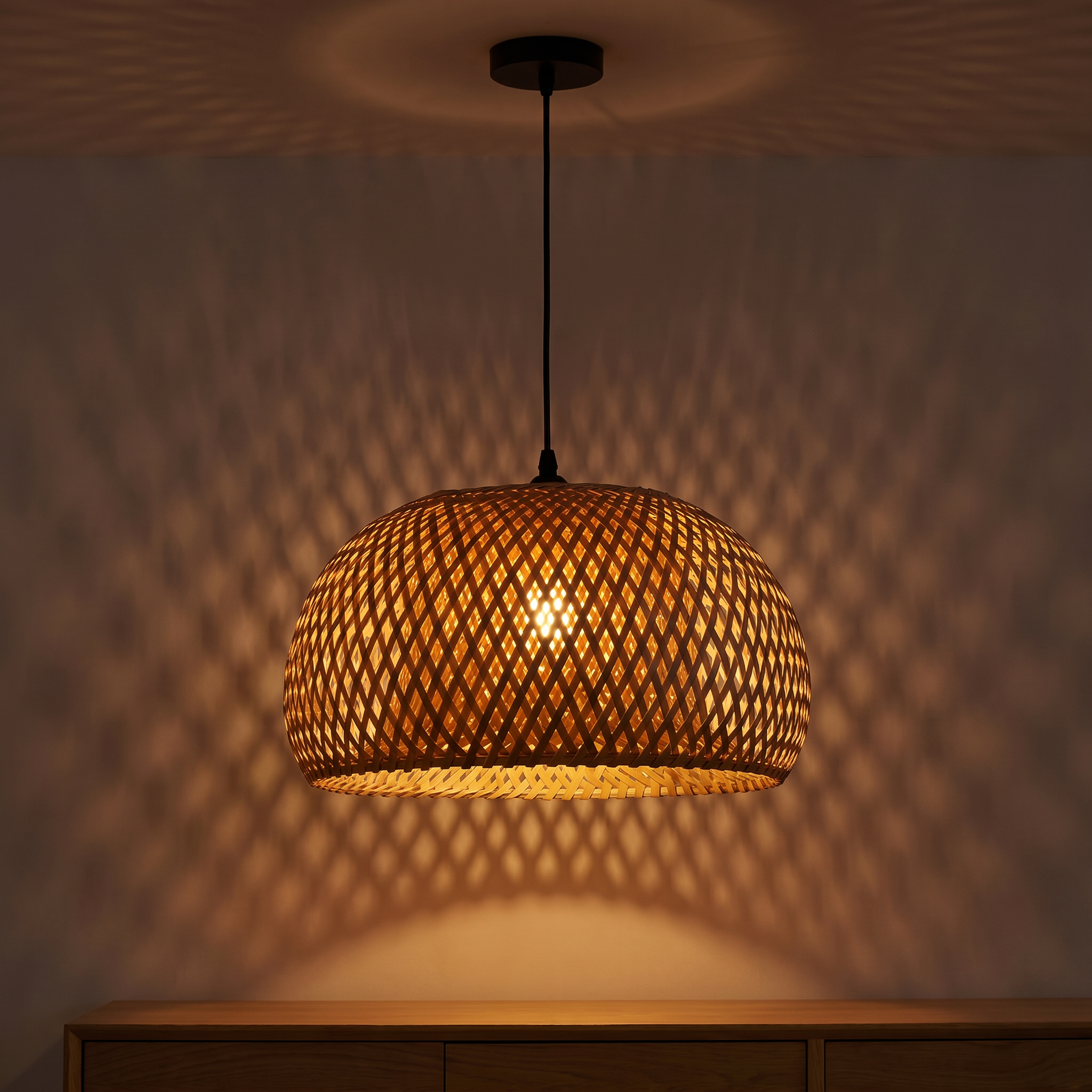 Nara | Woven Bamboo Pendant Light — Dome · 30 × 18 cm — light on