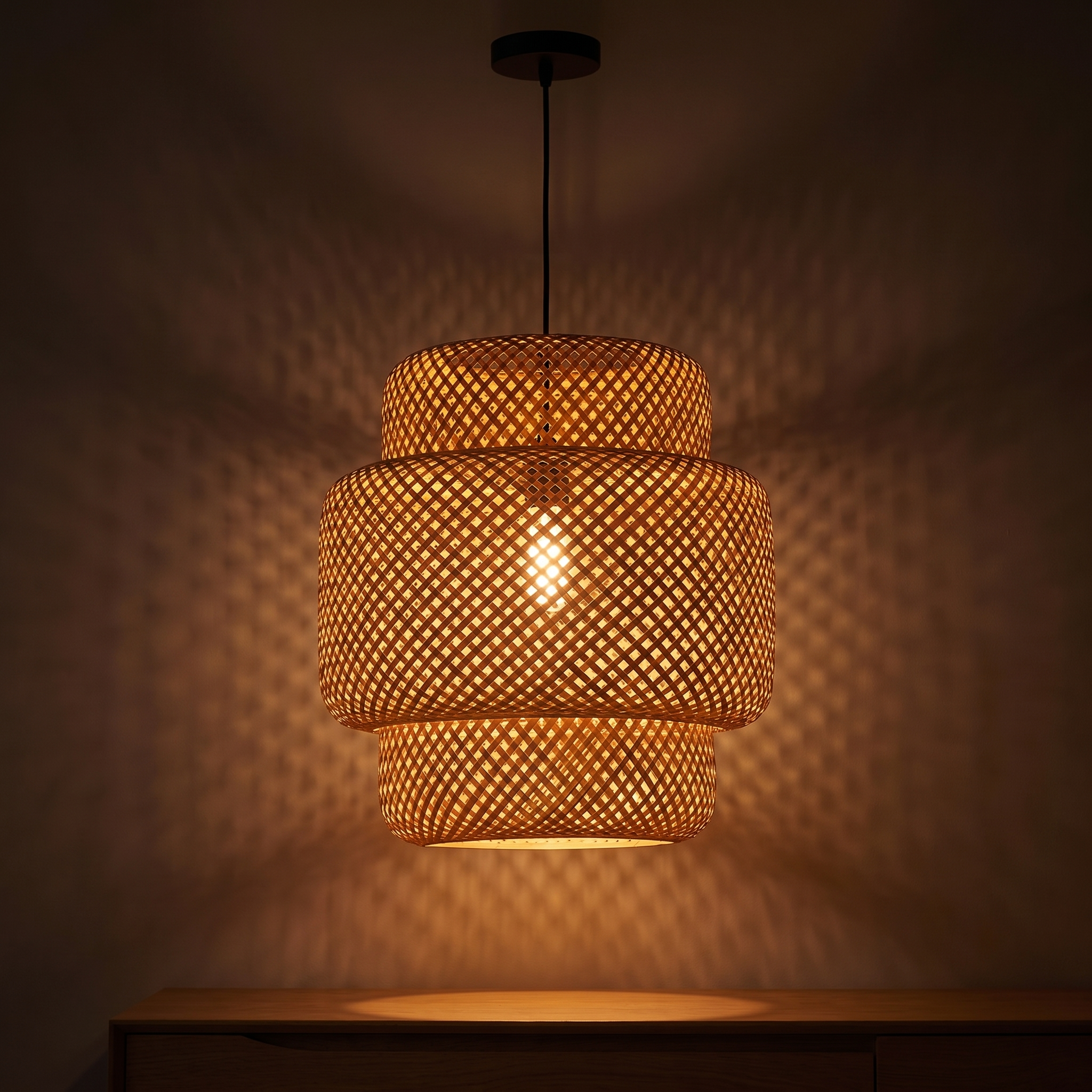 Nara | Woven Bamboo Pendant Light — Lantern · 30 × 30 cm — light on