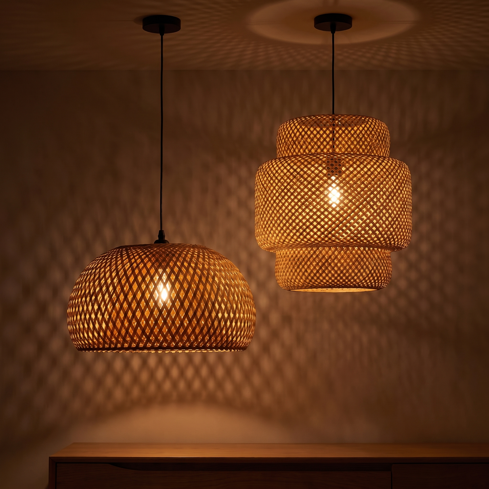 Nara | Woven Bamboo Pendant Light — all variants — light on