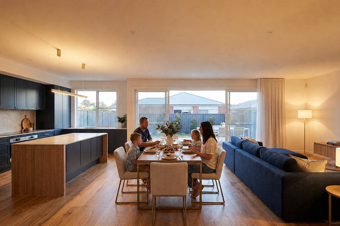 Same home at dusk with warm lamps and pendant lighting