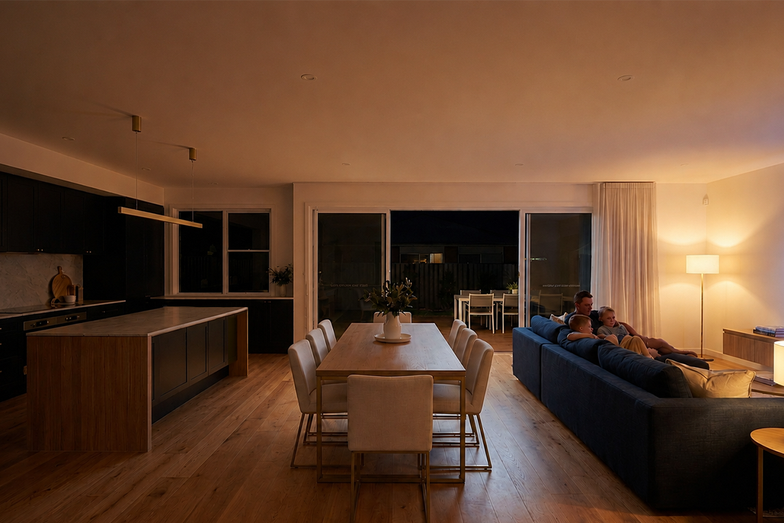 Same home at night lit by warm lamps